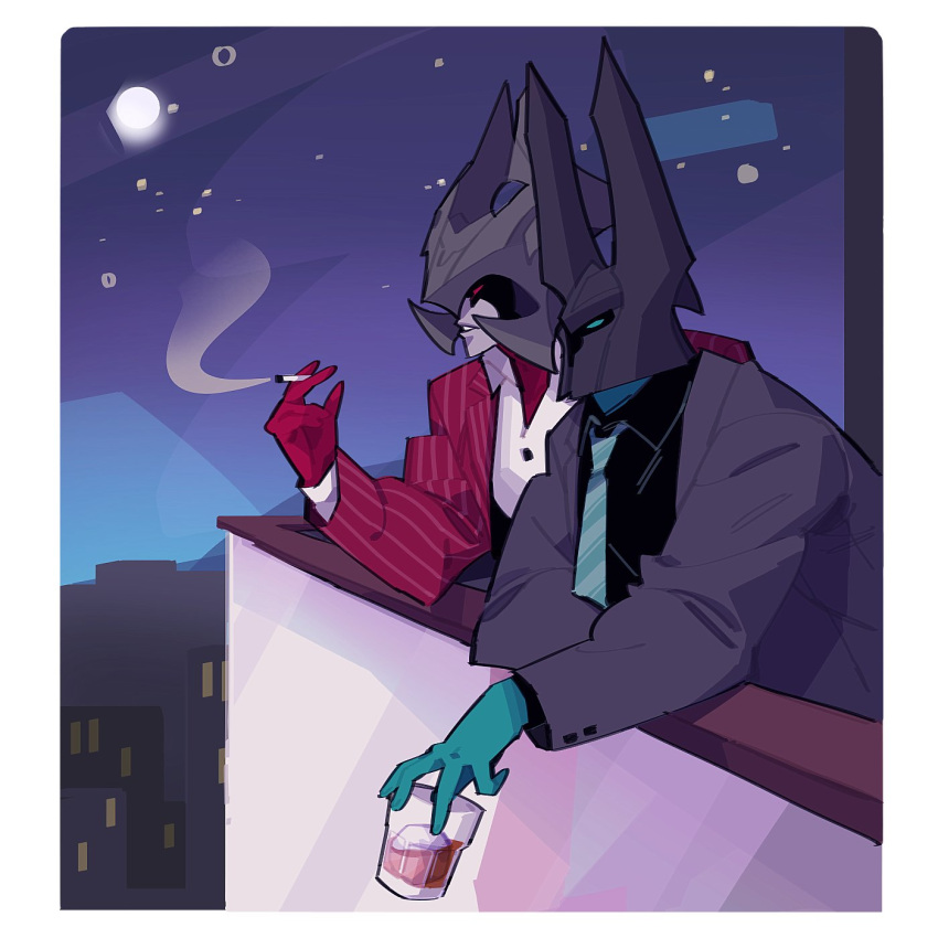 2boys, aatrox, alcohol, balcony, black_shirt, black_suit, cigarette, city