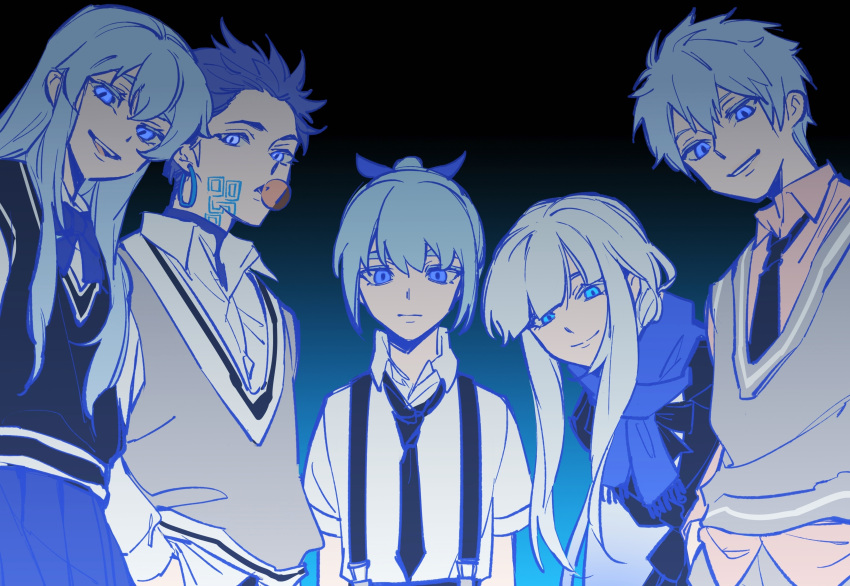 2girls, 3boys, absurdres, black_necktie, blonde_hair, blue_eyes, blue_scarf, brothers, closed_mouth, collared_shirt, earrings, facial_mark, family, grin, hair_between_eyes, highres, jewelry, khun_aguero_agnis, khun_hachuling, khun_marco_asensio, khun_maria_zahard, khun_maschenny_zahard, long_hair, multiple_boys, multiple_girls, necktie, open_mouth, scarf, shirt, short_hair, siblings, sisters, smile, smirk, sweater, tower_of_god, white_shirt, zayaaa_zaya