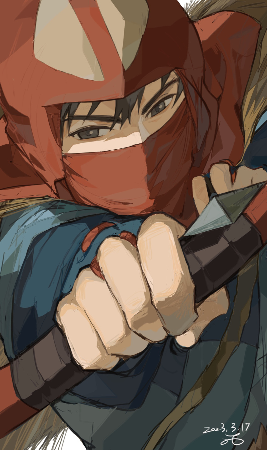1boy, arrow_(projectile), artist_name, ashitaka, blue_shirt, bow_(weapon), covered_mouth, dated