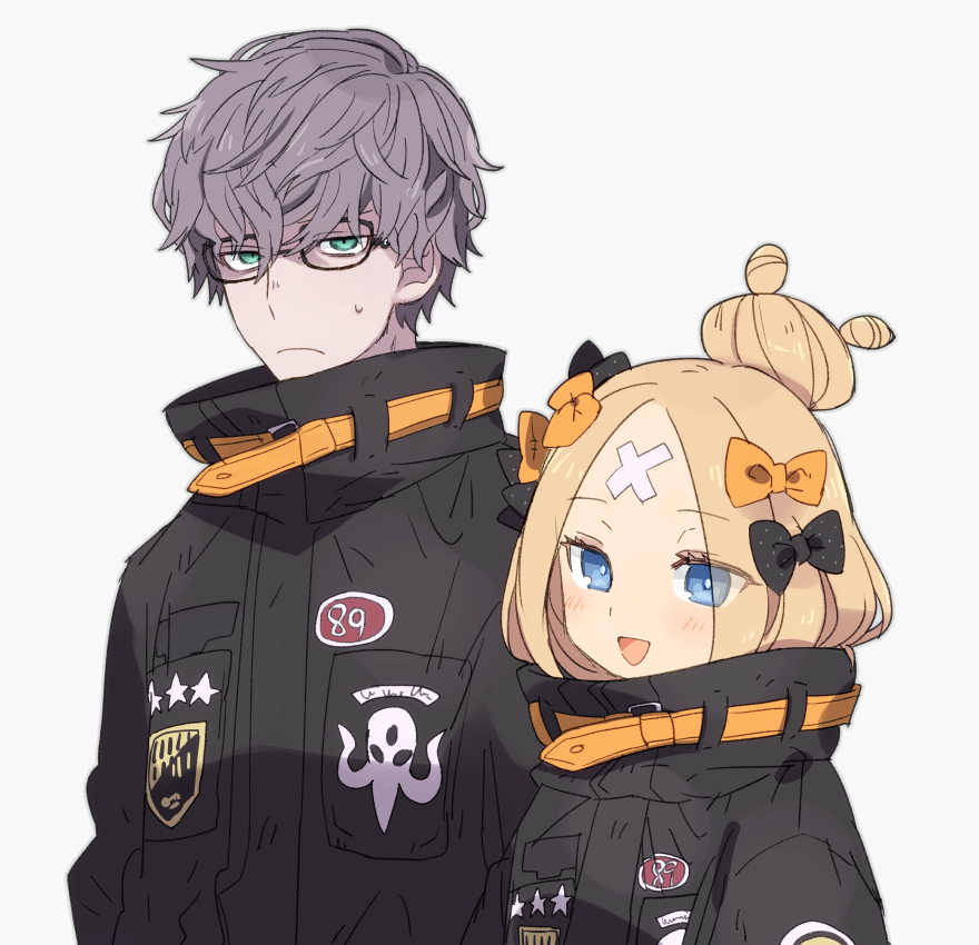 1boy, 1girl, :d, abigail_williams_(fate), abigail_williams_(traveling_outfit)_(fate), abigail_williams_(traveling_outfit)_(fate)_(cosplay), adapted_costume, belt