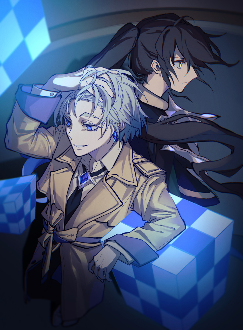 2boys, absurdres, black_hair, black_necktie, blue_eyes, blue_hair, brown_coat, coat