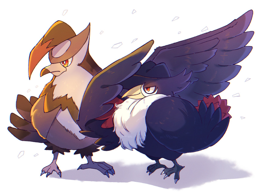 absurdres, animal_focus, bird, bright_pupils, closed_mouth, commentary_request, funachiyo, highres, honchkrow, no_humans, pokemon, pokemon_(creature), red_eyes, smile, standing, staraptor, white_background, white_pupils