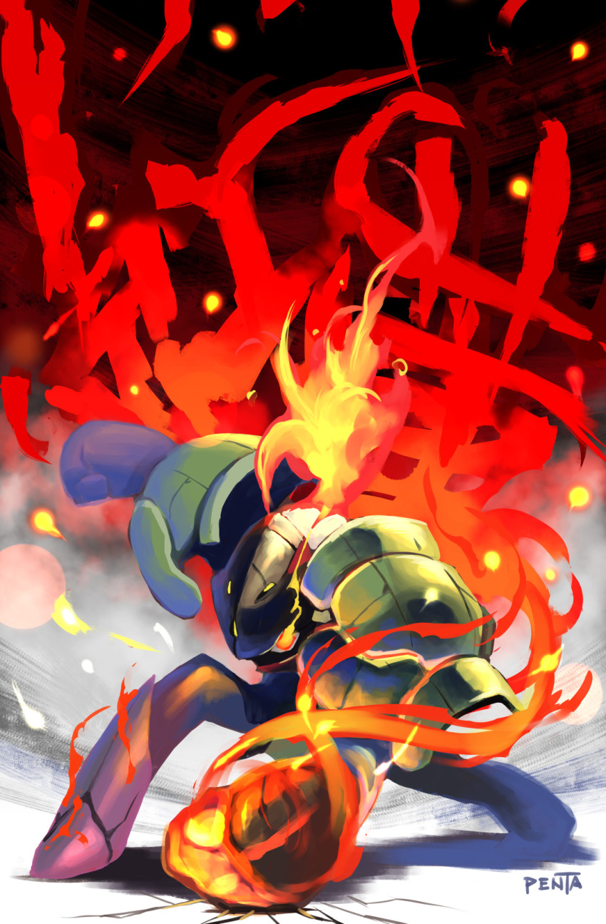 armarouge, commentary_request, fire, flaming_eyes, highres, looking_at_viewer, no_humans, orange_eyes