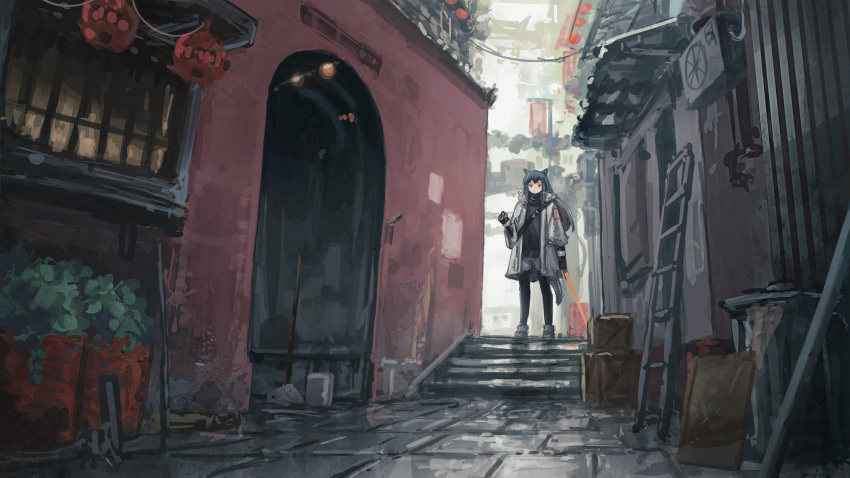 1girl, animal_ears, arknights, black_shirt, blue_hair, building, franlol, full_body, hand_up, highres, jacket, ladder, multicolored_hair, outdoors, pantyhose, pink_hair, scenery, shirt, shorts, solo, stairs, standing, stone_stairs, tail, texas_(arknights), town, white_footwear, white_jacket, white_shorts, wolf_ears, wolf_girl, wolf_tail, wooden_ladder