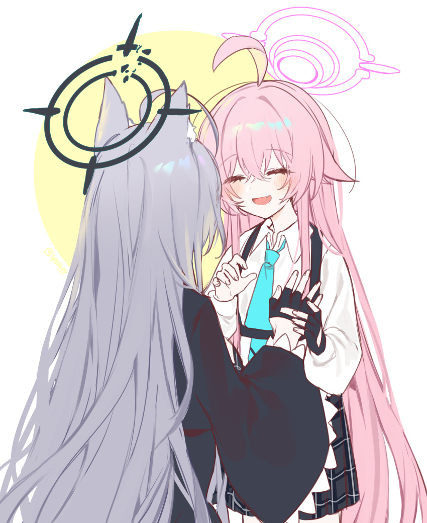 2girls, absurdres, ahoge, animal_ears, black_dress, black_gloves, blue_archive, blue_necktie