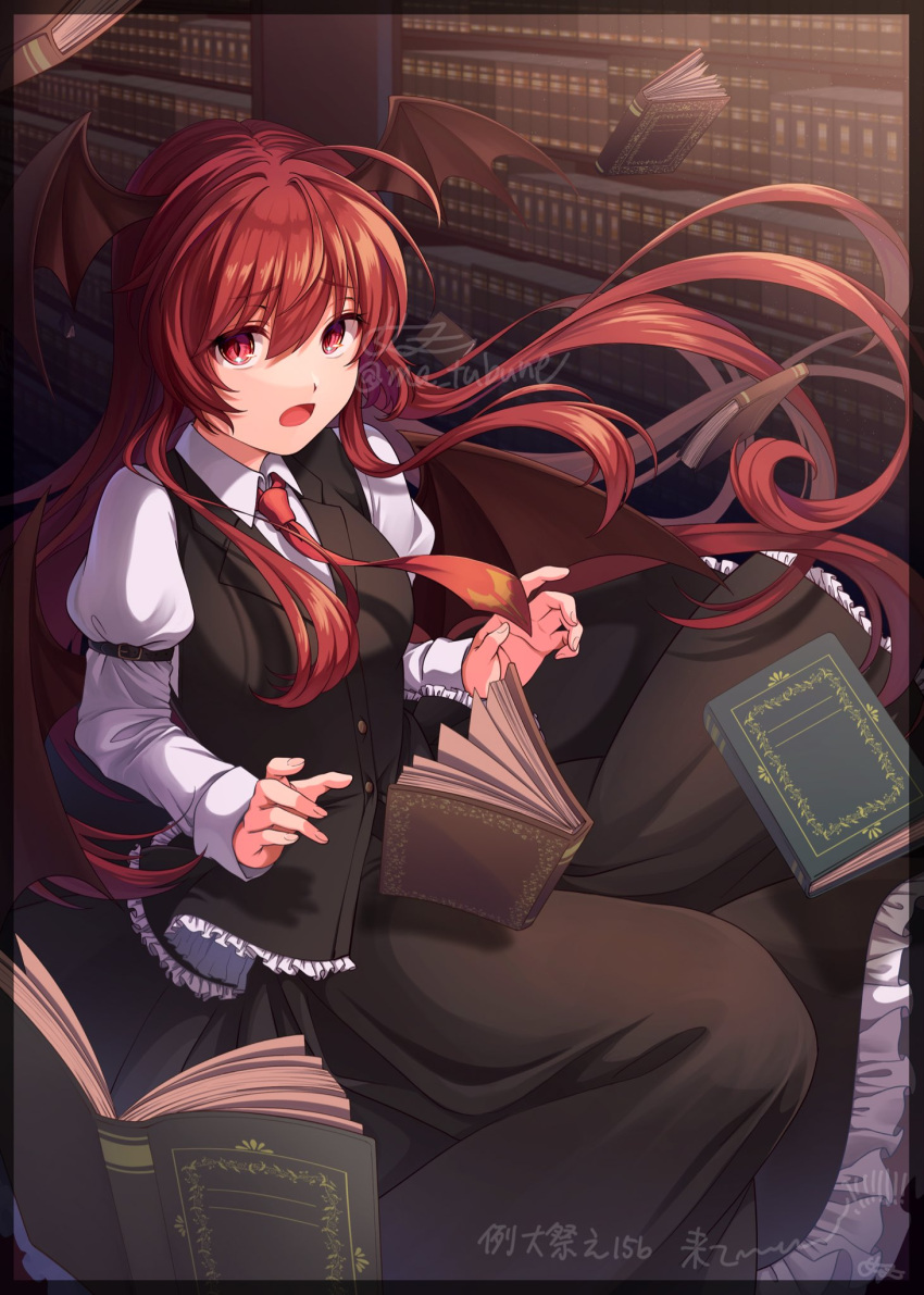 1girl, bat_wings, black_skirt, black_vest, book, collared_shirt, commentary, emoriza
