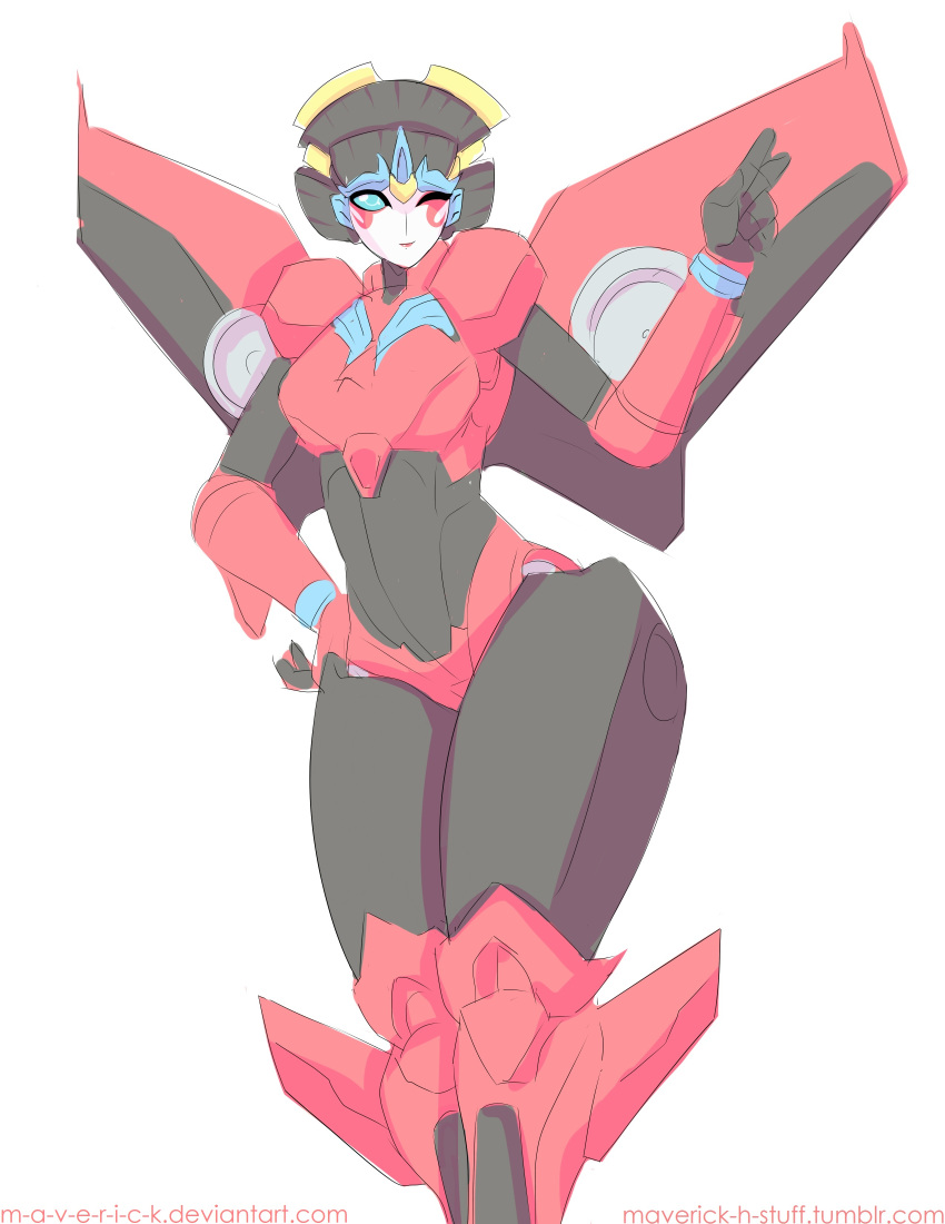 1girl, absurdres, alien, blue_eyes, breasts, colored_skin, hand_on_hip, highres, humanoid_robot, looking_at_viewer, m-a-v-e-r-i-c-k, medium_breasts, one_eye_closed, panties, red_panties, robot, simple_background, solo, thick_thighs, thighs, transformers, underwear, white_background, windblade, wings