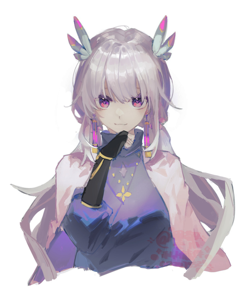 1girl, absurdres, blunt_bangs, cape, grey_hair, highres, jewelry, lnkling