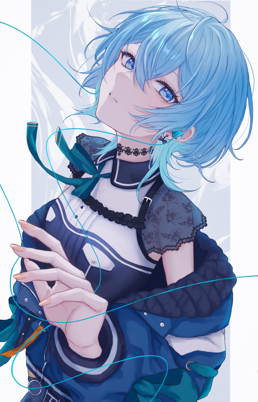 1girl, absurdres, black_bow, black_choker, black_dress, blue_eyes, blue_hair, blue_jacket