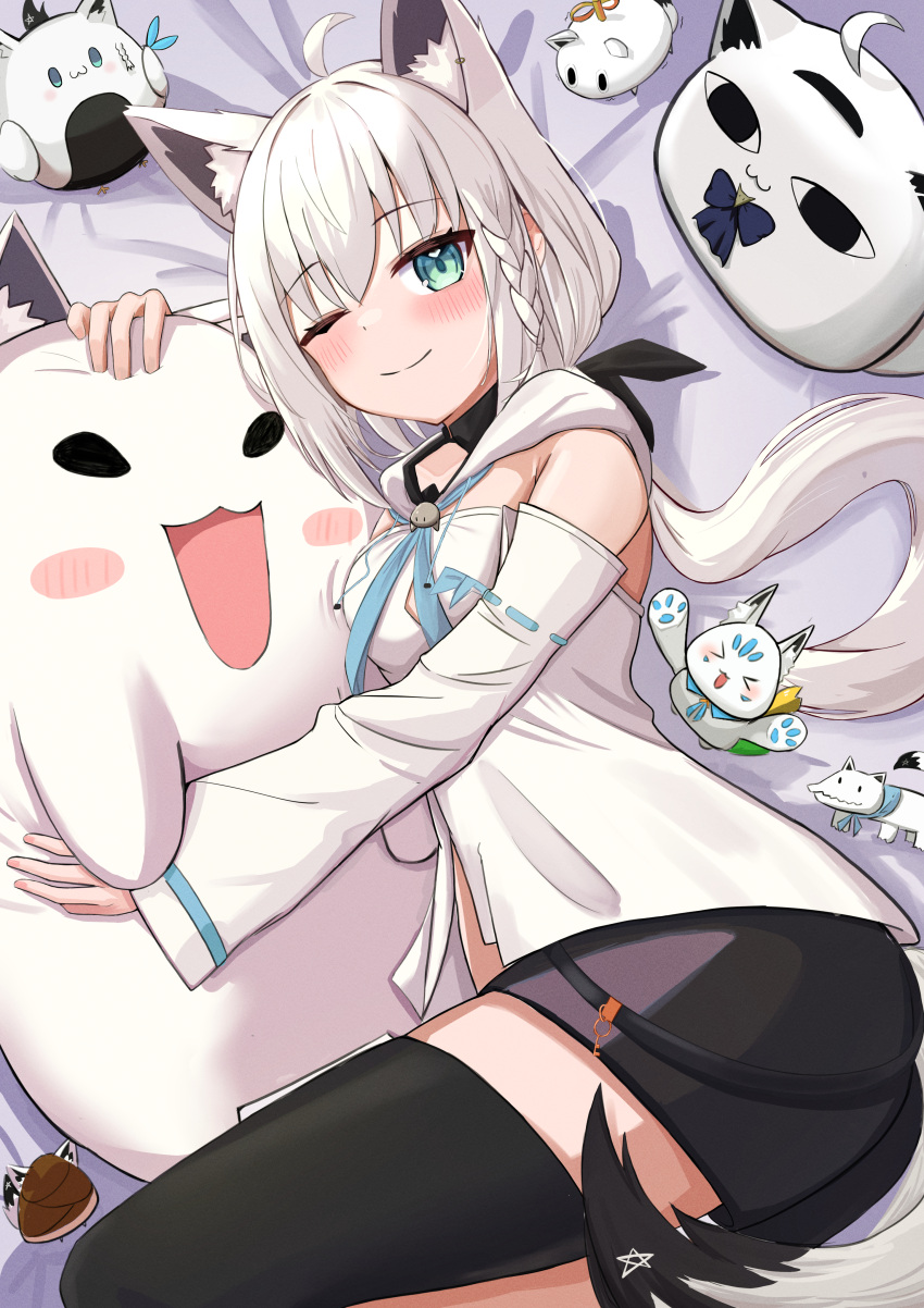 1girl, ;), absurdres, animal_ear_fluff, animal_ears, bed_sheet, black_ribbon, black_shorts