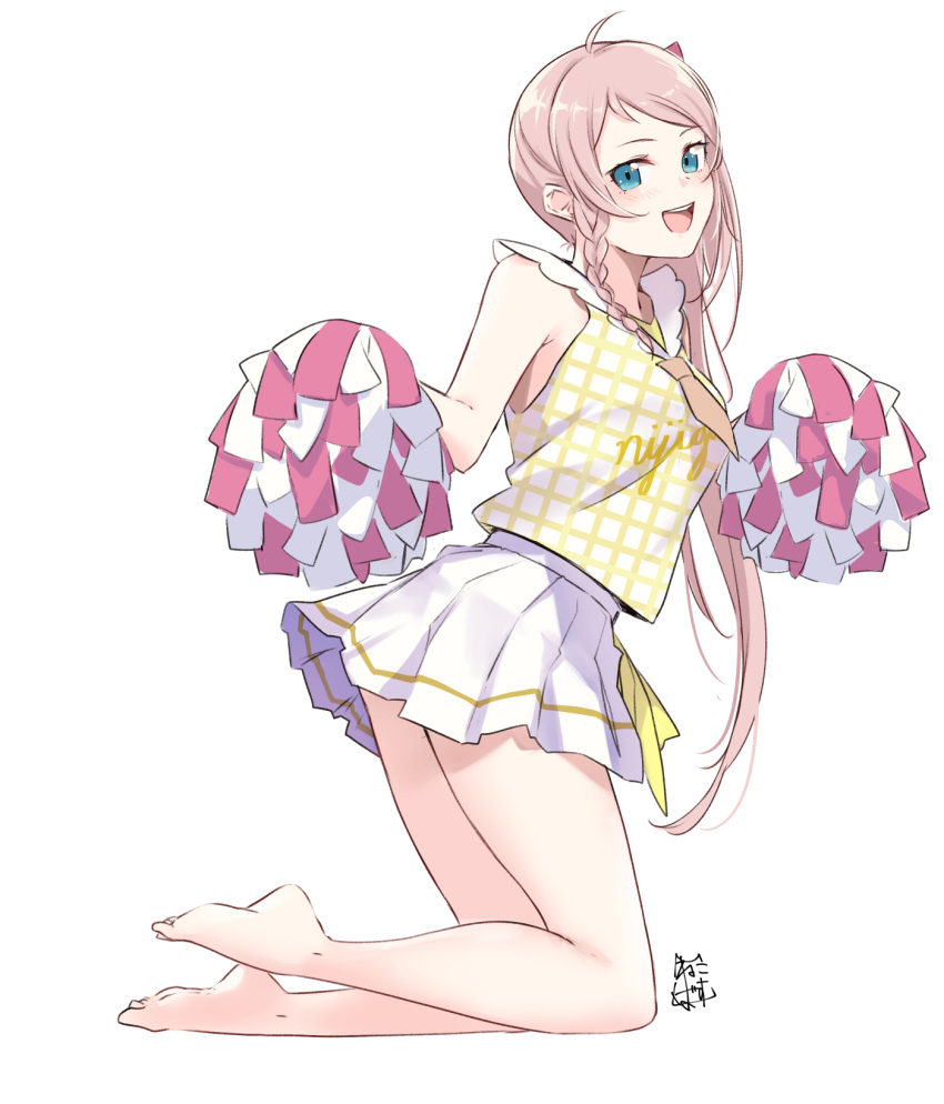 1girl, ahoge, akira_miku_ver, alternate_hairstyle, bare_arms, bare_legs, barefoot, blue_eyes