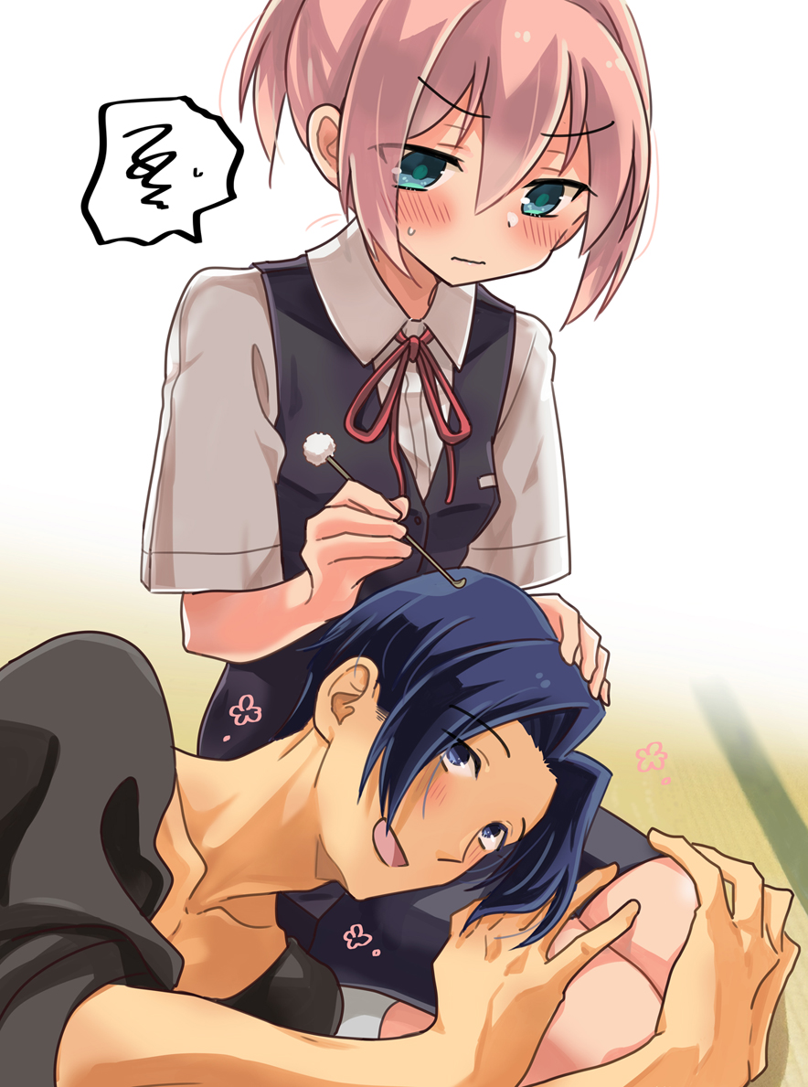 1boy, 1girl, admiral_(kancolle), bike_shorts, black_skirt, black_vest, blue_eyes, blue_hair