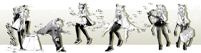1girl, absurdres, arknights, belt, cloak, coat, crossbow, deer_antlers, dress, firewatch_(arknights), firewatch_(snowywatch)_(arknights), firewatch_(wilted_cypress)_(arknights), fy_fei_xiao_ya, garter_straps, gloves, gradient_background, grass, highres, holding, holding_crossbow, holding_weapon, invisible_chair, knee_pads, leg_up, monochrome, pantyhose, rock, shoes, simple_background, single_knee_pad, sitting, skirt, sleeveless, sneakers, standing, thigh-highs, thigh_belt, thigh_strap, torn_cloak, torn_clothes, tying_footwear, weapon, white_background
