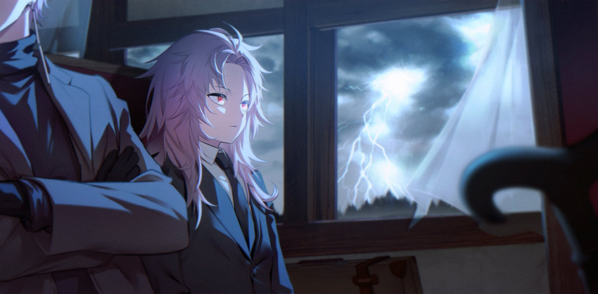 2boys, black_gloves, black_jacket, black_necktie, black_sweater, chromatic_aberration, closed_mouth, collared_shirt