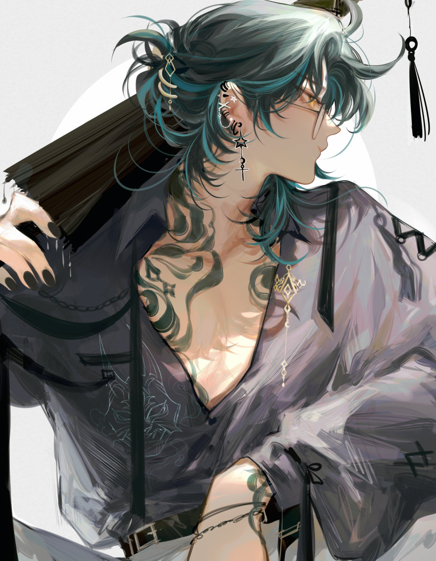 1boy, absurdres, alternate_costume, alternate_hairstyle, belt, black_hair, black_nails, chest_tattoo