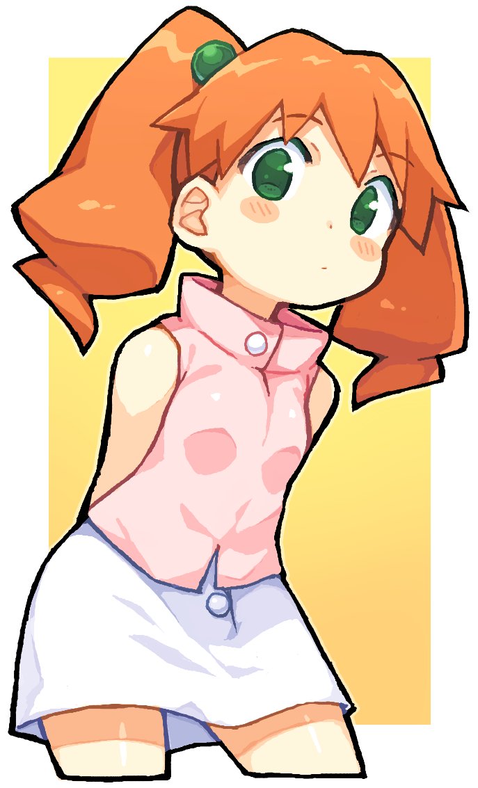 1girl, arms_behind_back, bachera, blush_stickers, border, cowboy_shot, cropped_legs, dress