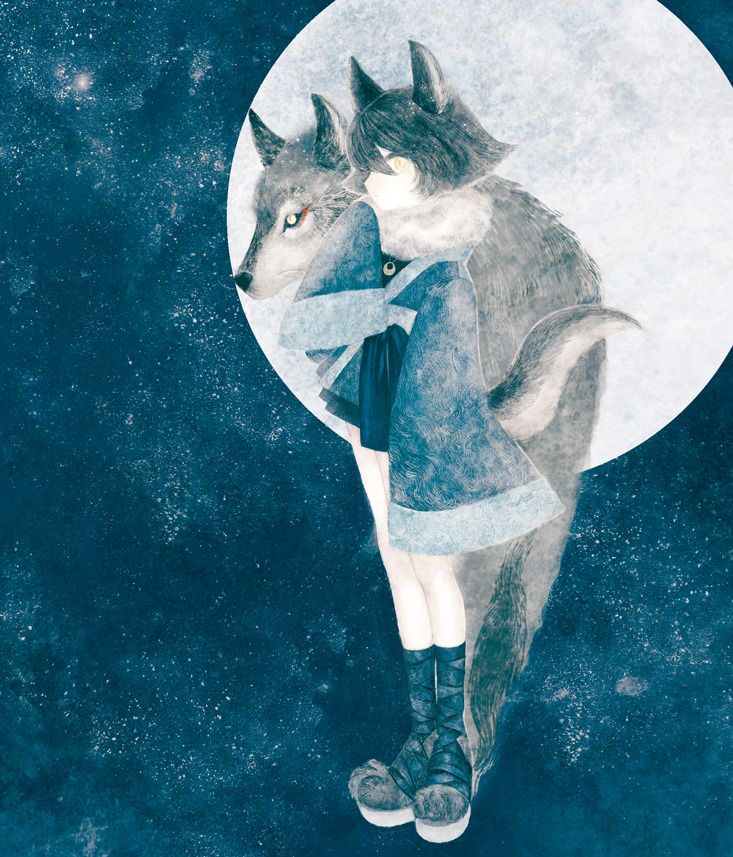 1boy, androgynous, animal, animal_ears, animal_feet, black_hair, blue_background, closed_mouth