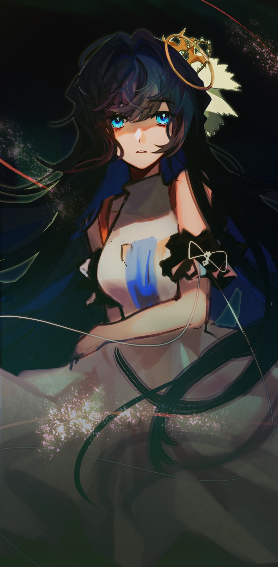 1girl, arknights, arm_garter, astesia_(arknights), astesia_(frlibre_on_the_palace)_(arknights), bare_shoulders, blue_eyes, blue_hair