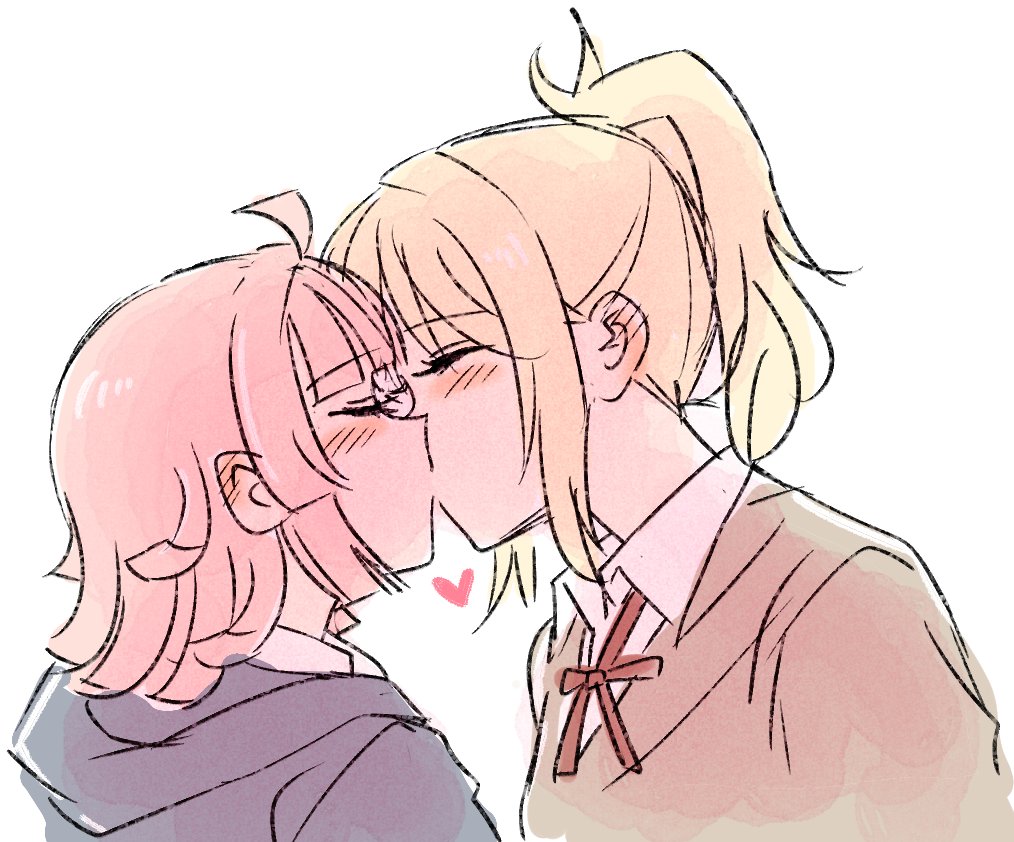 2girls, ahoge, blonde_hair, blue_hoodie, blunt_bangs, blunt_ends, blush, closed_eyes, ear_blush, from_side, heart, hood, hoodie, kiss, love_live!, love_live!_nijigasaki_high_school_idol_club, medium_hair, miyashita_ai, multiple_girls, nijigasaki_academy_school_uniform, pink_hair, school_uniform, short_ponytail, sidelocks, solllolll, tennouji_rina, white_background, yuri