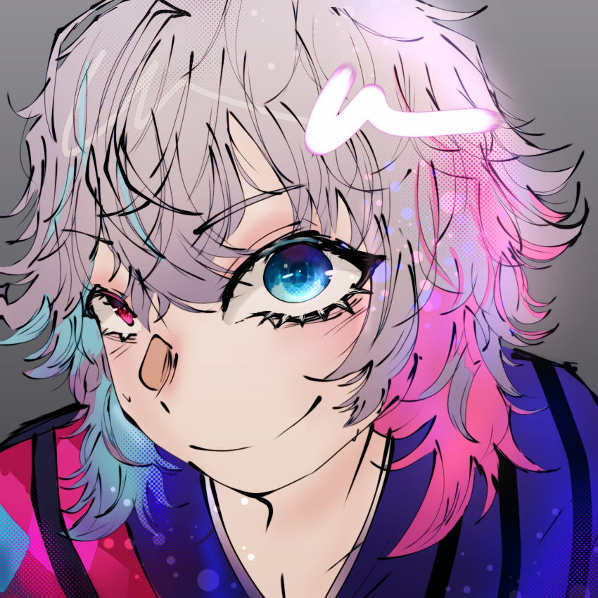 blue_eyes, blue_hair, blush, clown, colorful, gavis_bettel, grey_background, grey_hair, highres, hololive, hololive_english, holostars, holostars_english, holotempus, jacket, jester, multicolored_hair, non-web_source, pink_eyes, pink_hair, pink_jacket, purple_jacket, sparkle, sparkling_eyes, sweat, virtual_youtuber