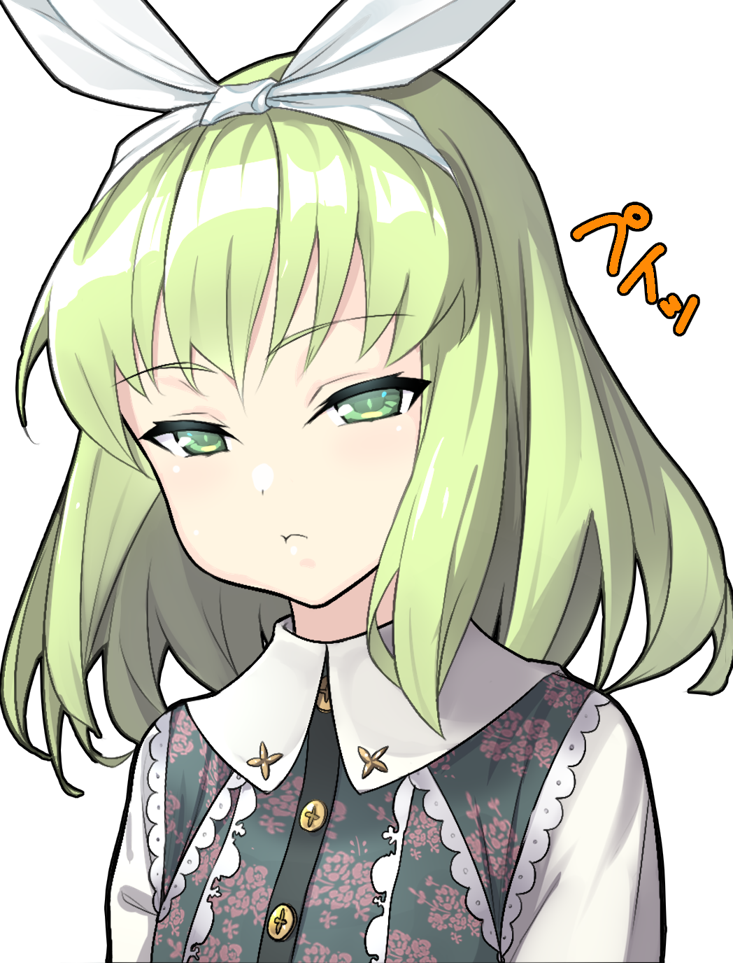 1girl, apo_(apos2721), bow, frilled_shirt, frills, green_eyes, green_hair, hair_bow, highres, looking_at_viewer, pout, rance_(series), shirt, simple_background, solo, tillday_shape, white_background