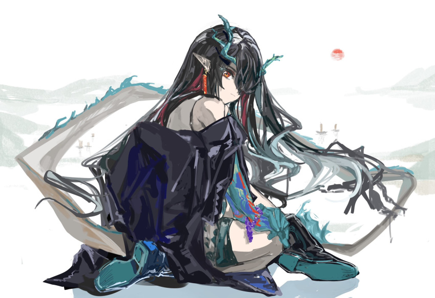 1girl, arknights, bare_shoulders, bead_bracelet, beads, black_coat, black_hair, boots