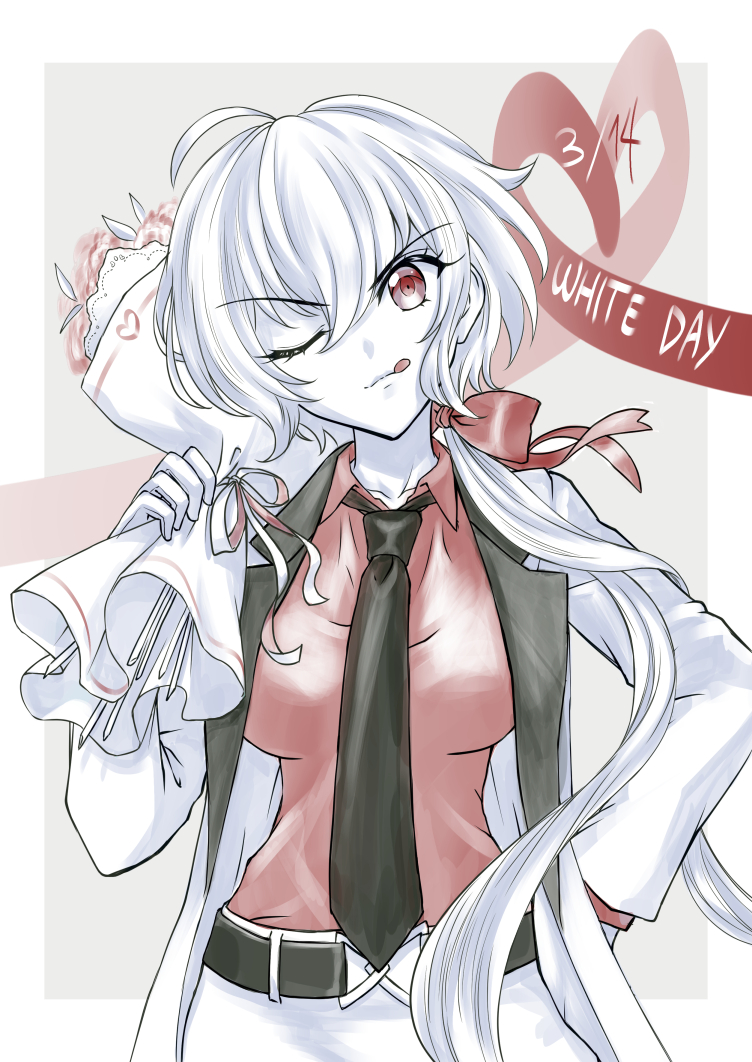 ahoge, axia-chan, belt, black_belt, black_necktie, bouquet, closed_mouth, hair_ribbon