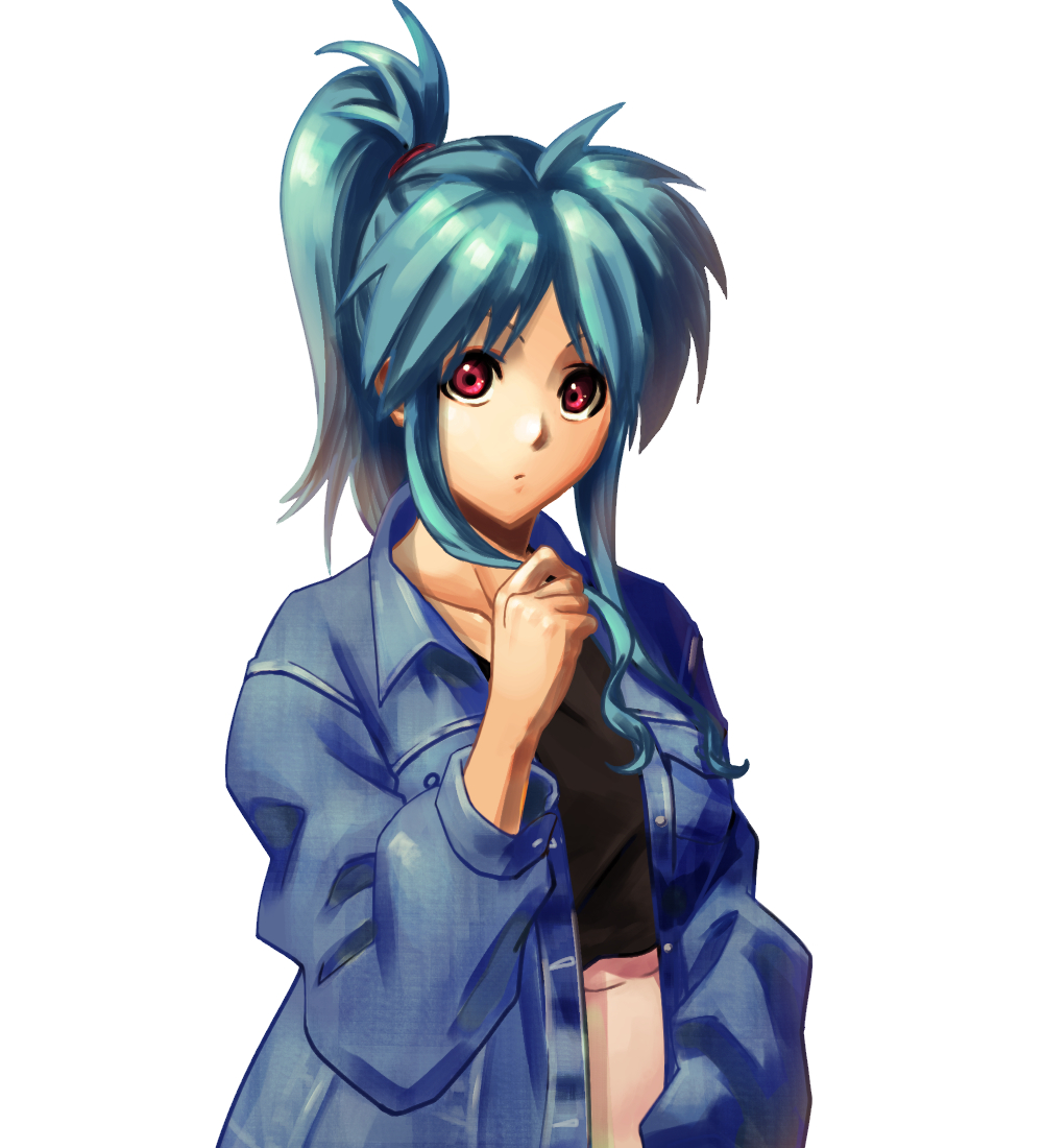 1girl, black_shirt, blue_hair, botan_(yu_yu_hakusho), breasts, closed_mouth, collarbone, denim
