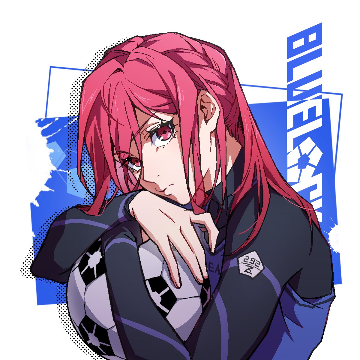 1boy, ball, black_bodysuit, black_eyes, black_tank_top, blue_background, blue_lock, bodysuit