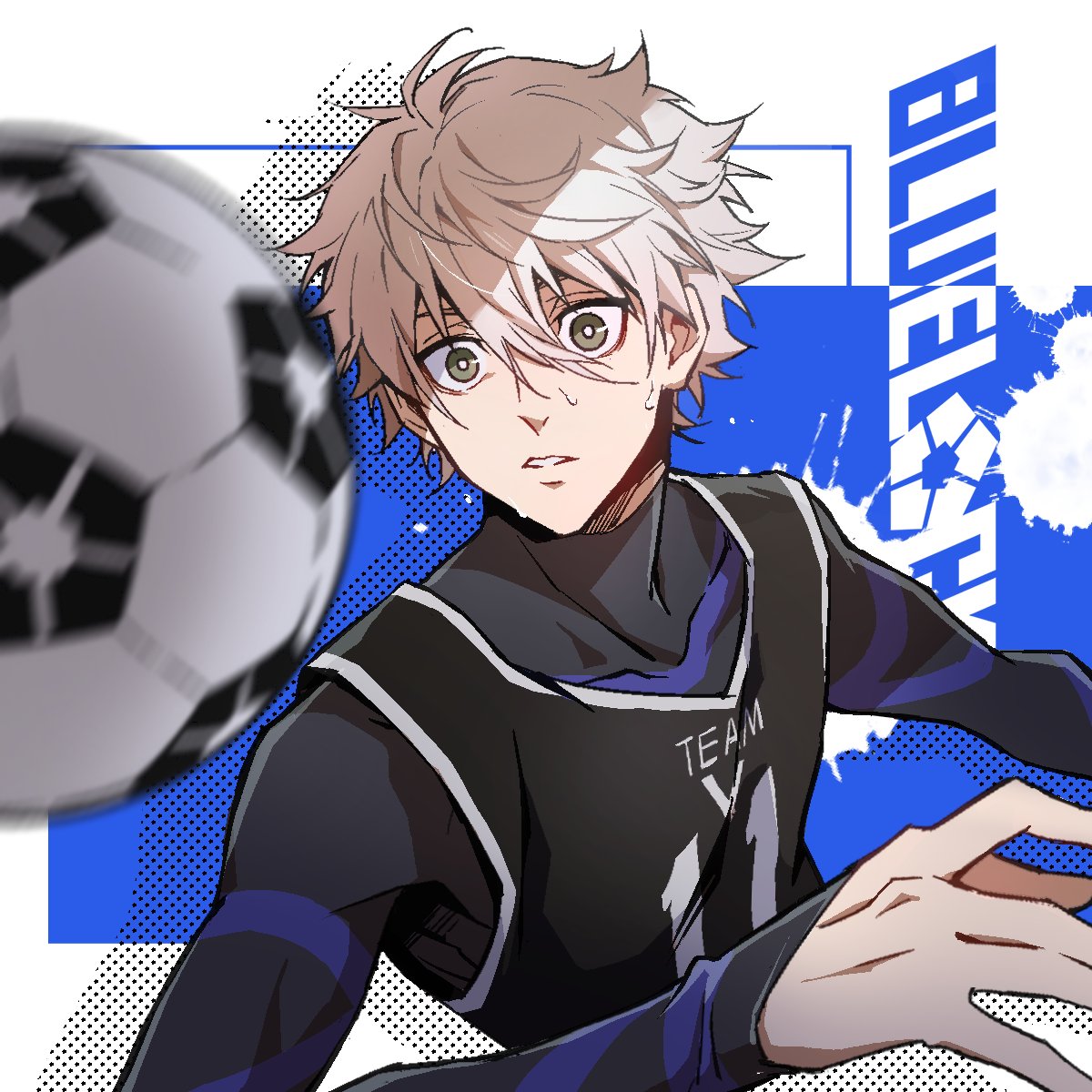 1boy, ball, black_bodysuit, black_eyes, black_tank_top, blue_background, blue_lock, bodysuit