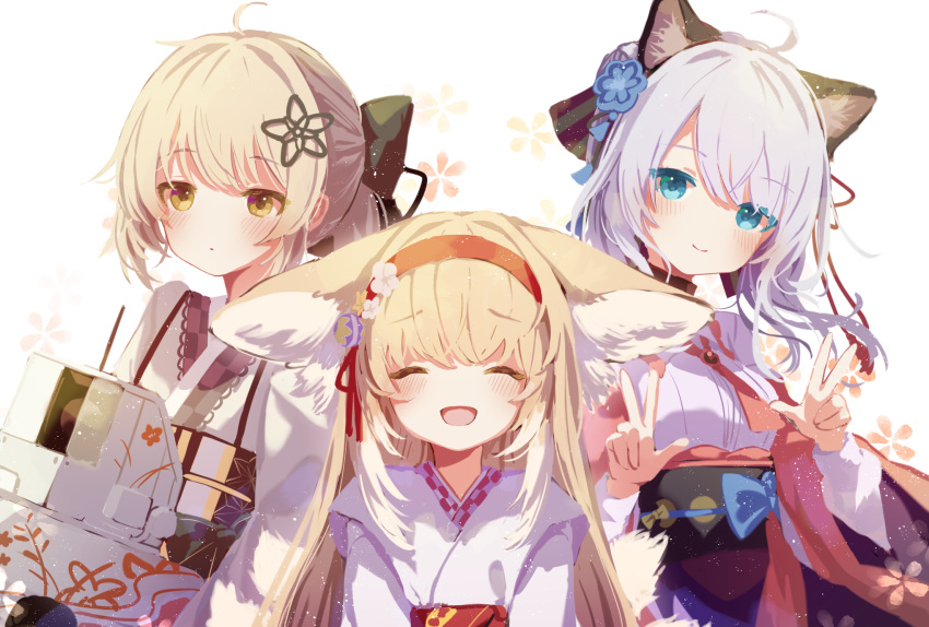 3girls, ahoge, animal_ear_fluff, animal_ears, arknights, blonde_hair, blue_eyes, blush