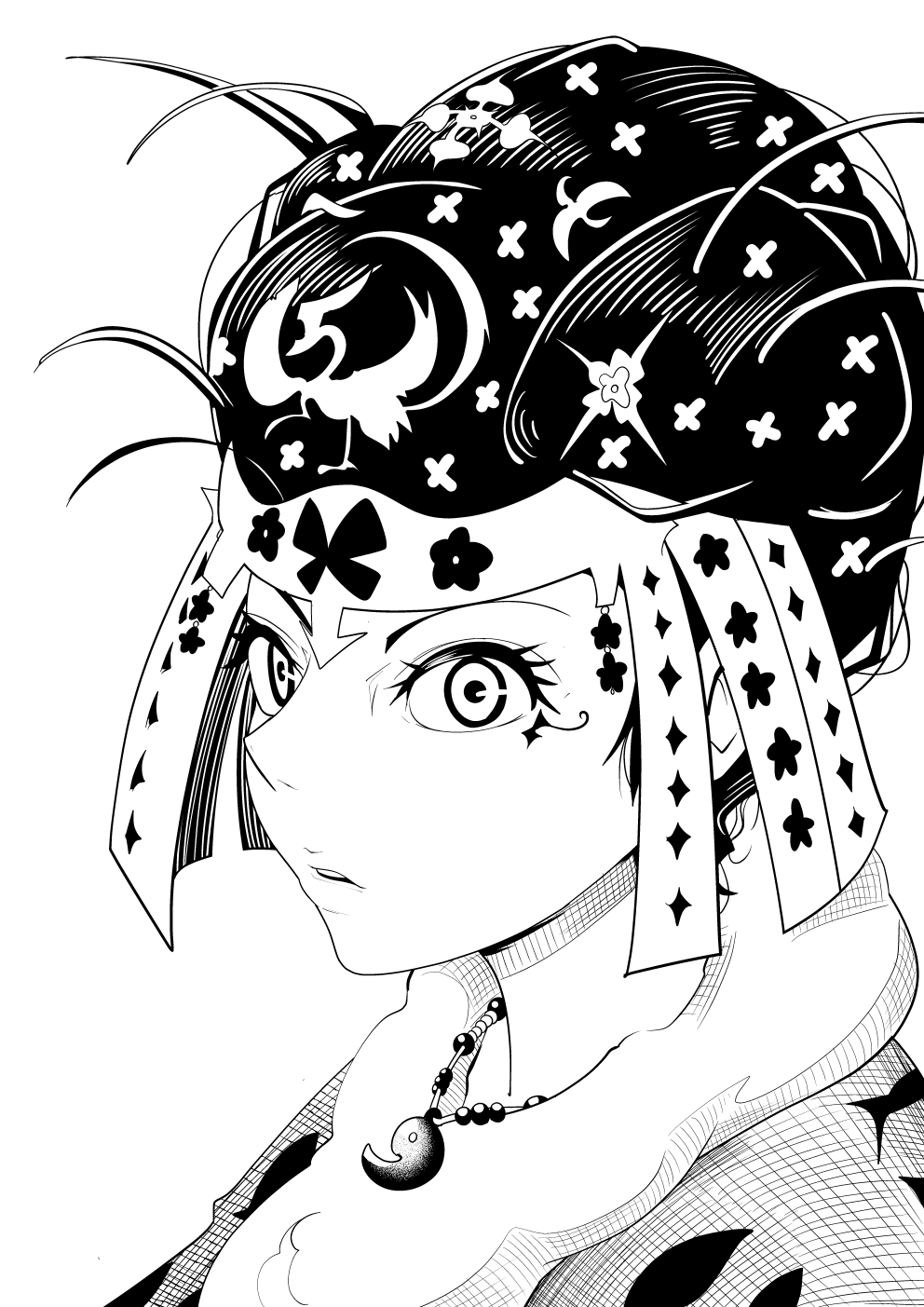 1girl, commentary_request, facial_mark, greyscale, hat, highres, himiko_(historical_person), japanese_clothes
