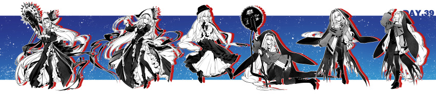 1girl, absurdly_long_hair, absurdres, arknights, blue_background, boots, braid, chainsaw