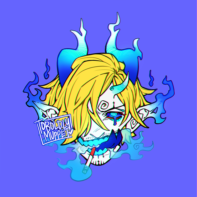 1boy, blonde_hair, cigarette, curly_eyebrows, facial_hair, fire, hair_over_one_eye, horns, male_focus, muppet_(toboldlymuppet), one_piece, open_mouth, pointy_ears, sanji_(one_piece), short_hair, signature, smoke, smoking, straw_hat_pirates, teeth, tongue