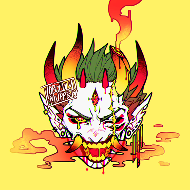 1boy, broken_horn, earrings, fang, green_hair, horns, jewelry, looking_at_viewer