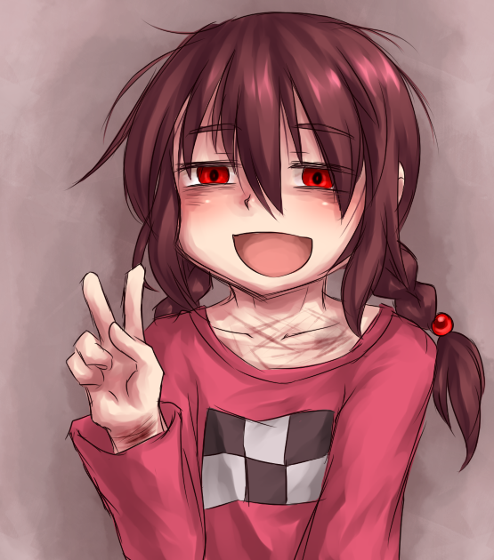 aosora_(mizore), bags_under_eyes, blush, braid, brown_hair, hair_between_eyes, hair_ornament, hand_up