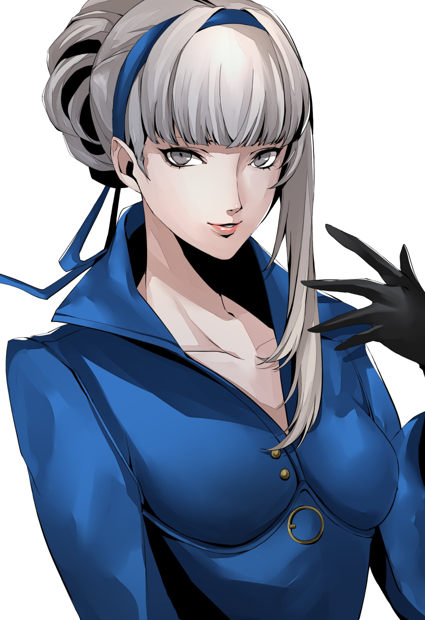 1girl, absurdres, black_gloves, blue_dress, blue_hairband, blue_ribbon, blunt_bangs, breasts