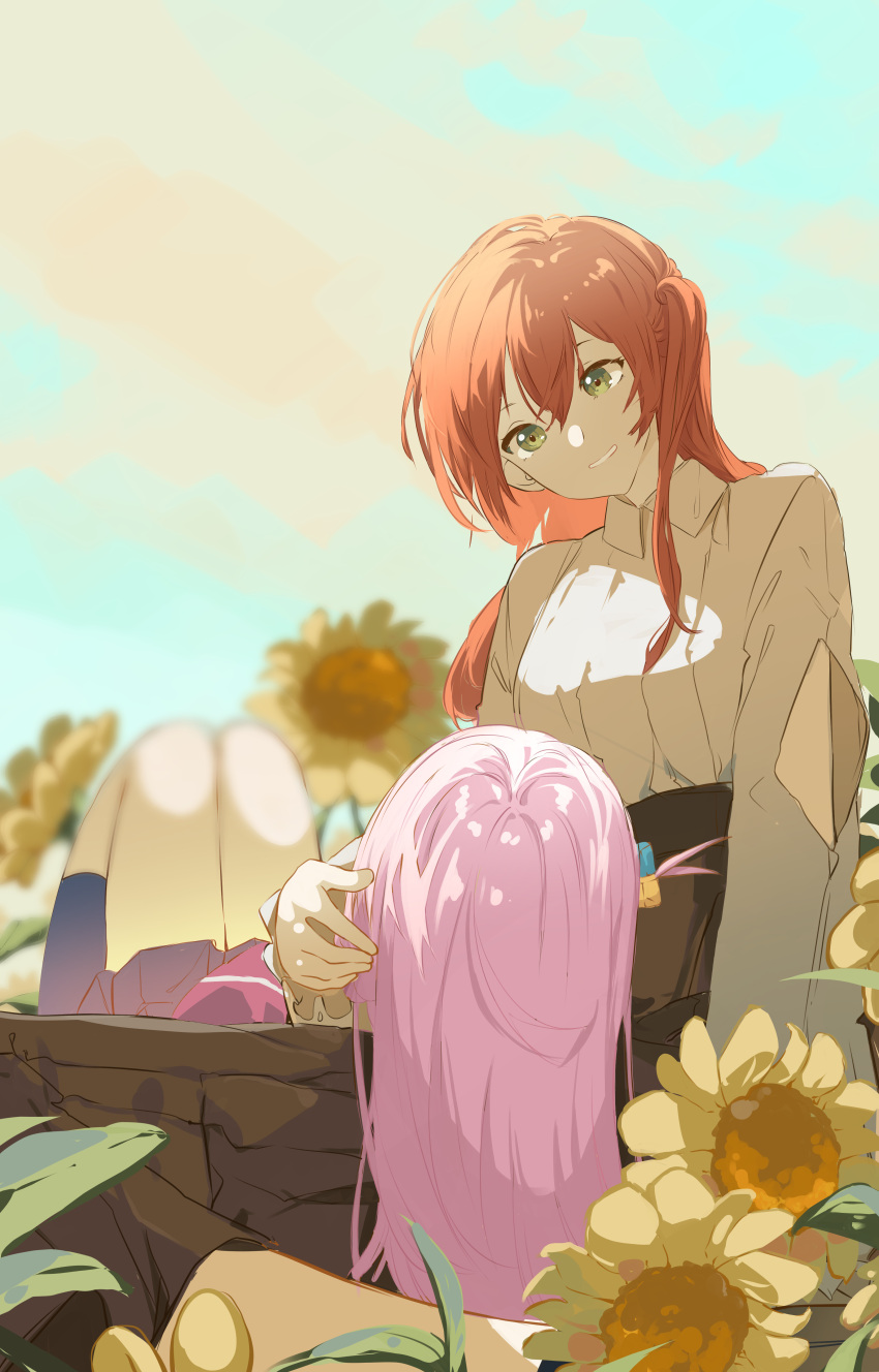 2girls, absurdres, bocchi_the_rock!, cube_hair_ornament, flower, gotou_hitori, green_eyes, hair_between_eyes, hair_ornament, highres, kita_ikuyo, multiple_girls, outdoors, parted_lips, pink_hair, redhead, sunflower, user_rtvp7435, yuri