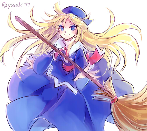 1girl, blonde_hair, blue_dress, blue_eyes, blue_headwear, blush, broom, dress
