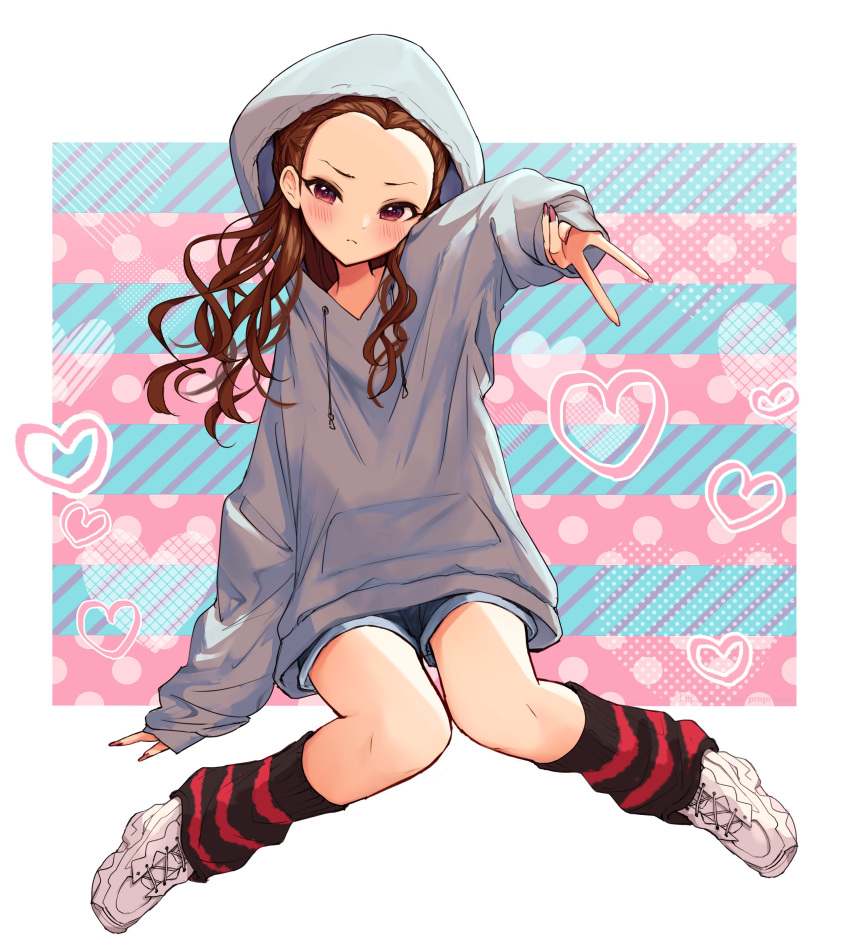 1girl, absurdres, blush, brown_eyes, brown_hair, denim, denim_shorts, forehead