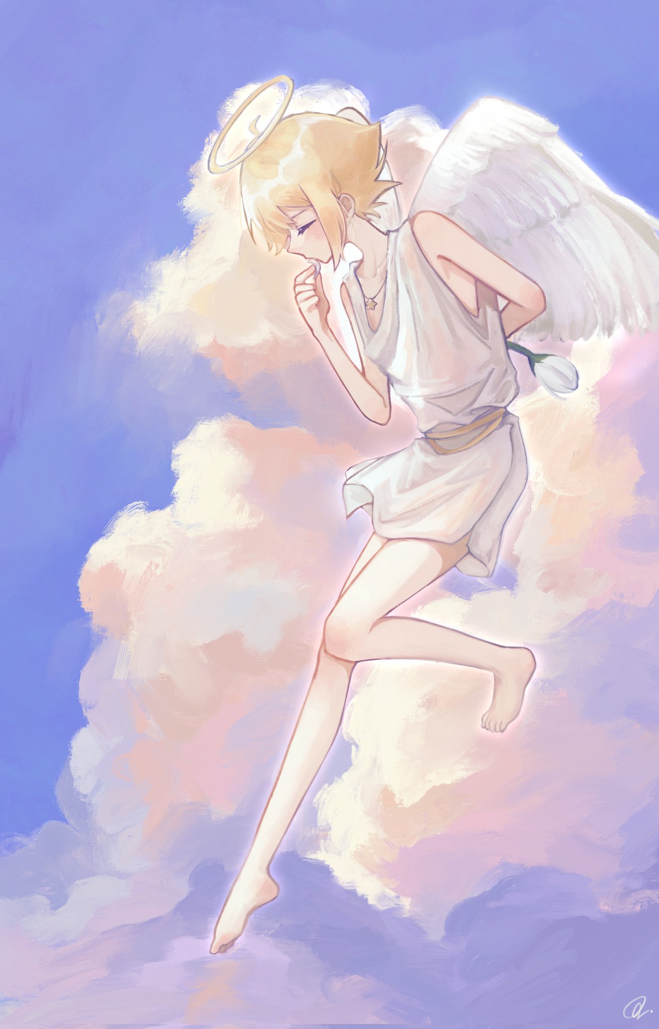 1boy, alternate_costume, angel, angel_wings, arm_behind_back, barefoot, basil_(omori), blonde_hair