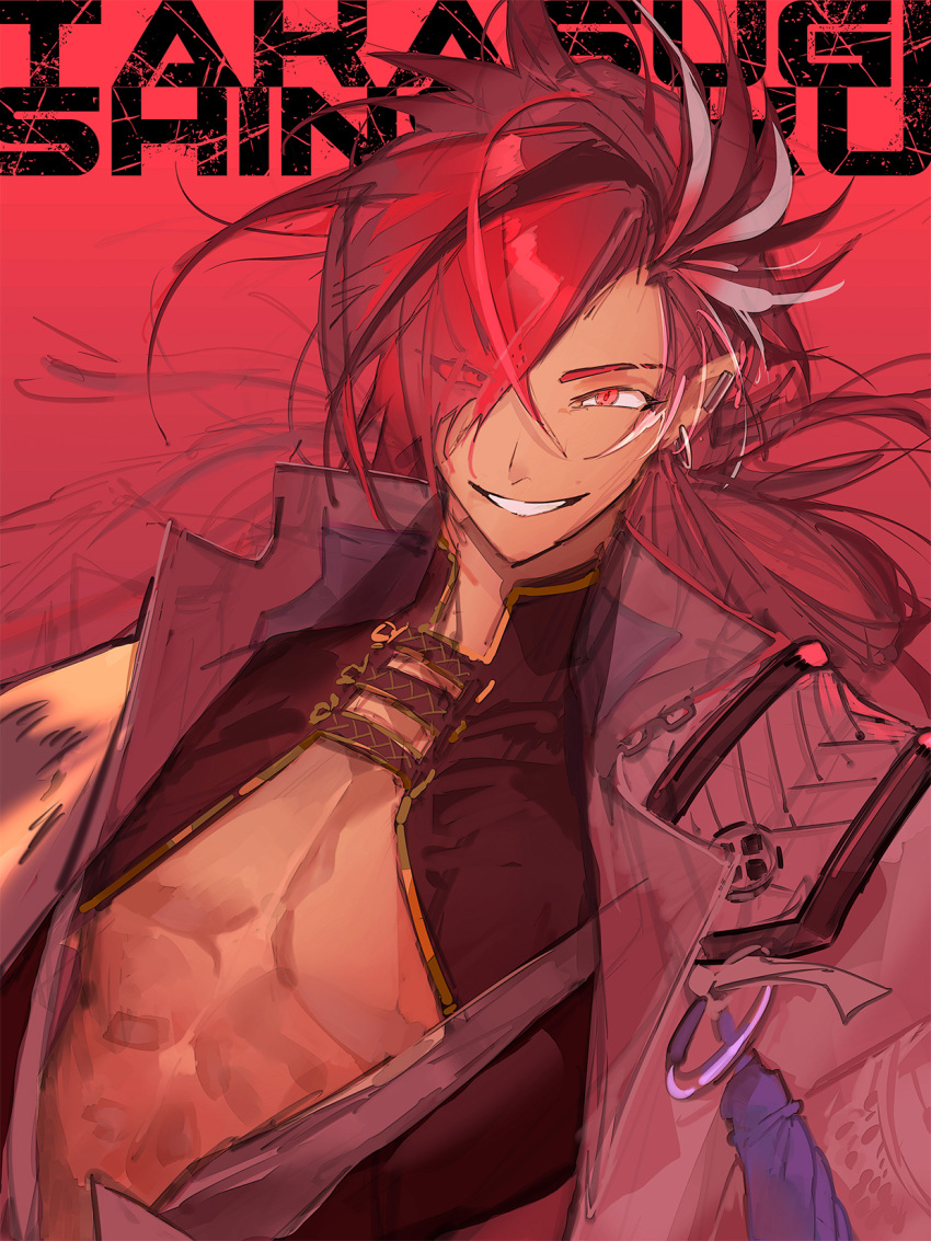 1boy, character_name, ear_piercing, earrings, fate/grand_order, fate_(series), flprayer, highres, jewelry, long_hair, male_focus, piercing, red_background, red_eyes, redhead, smile, takasugi_shinsaku_(fate)