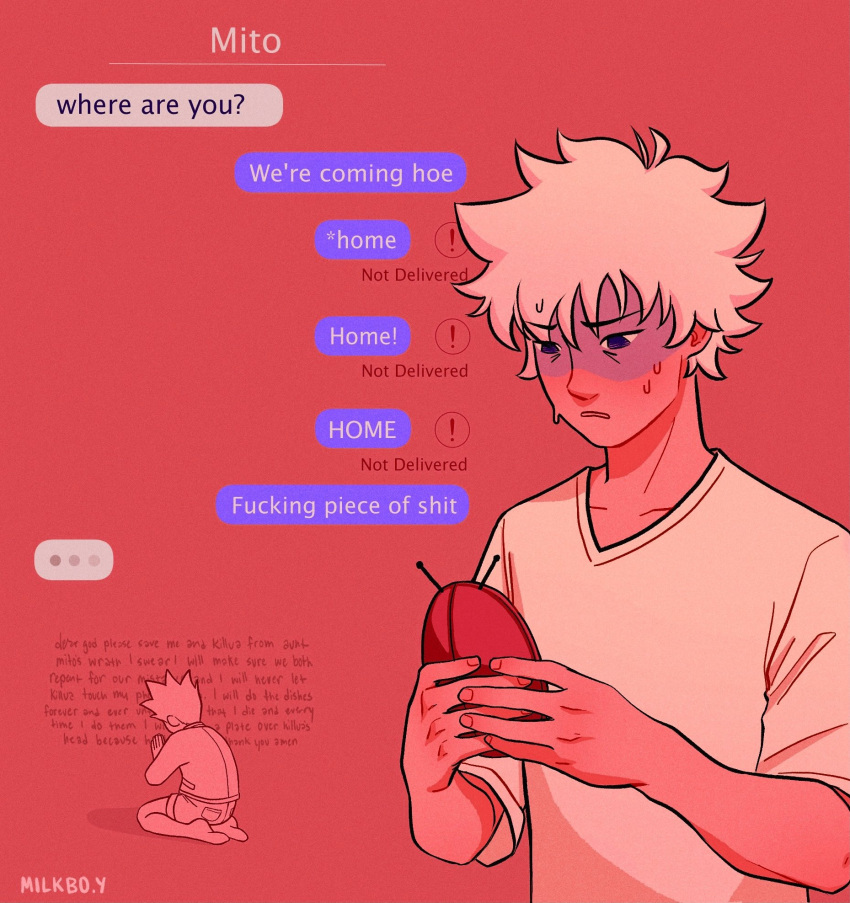 1girl, 2boys, apologizing, distress, english_text, gon_freecss, highres, holding