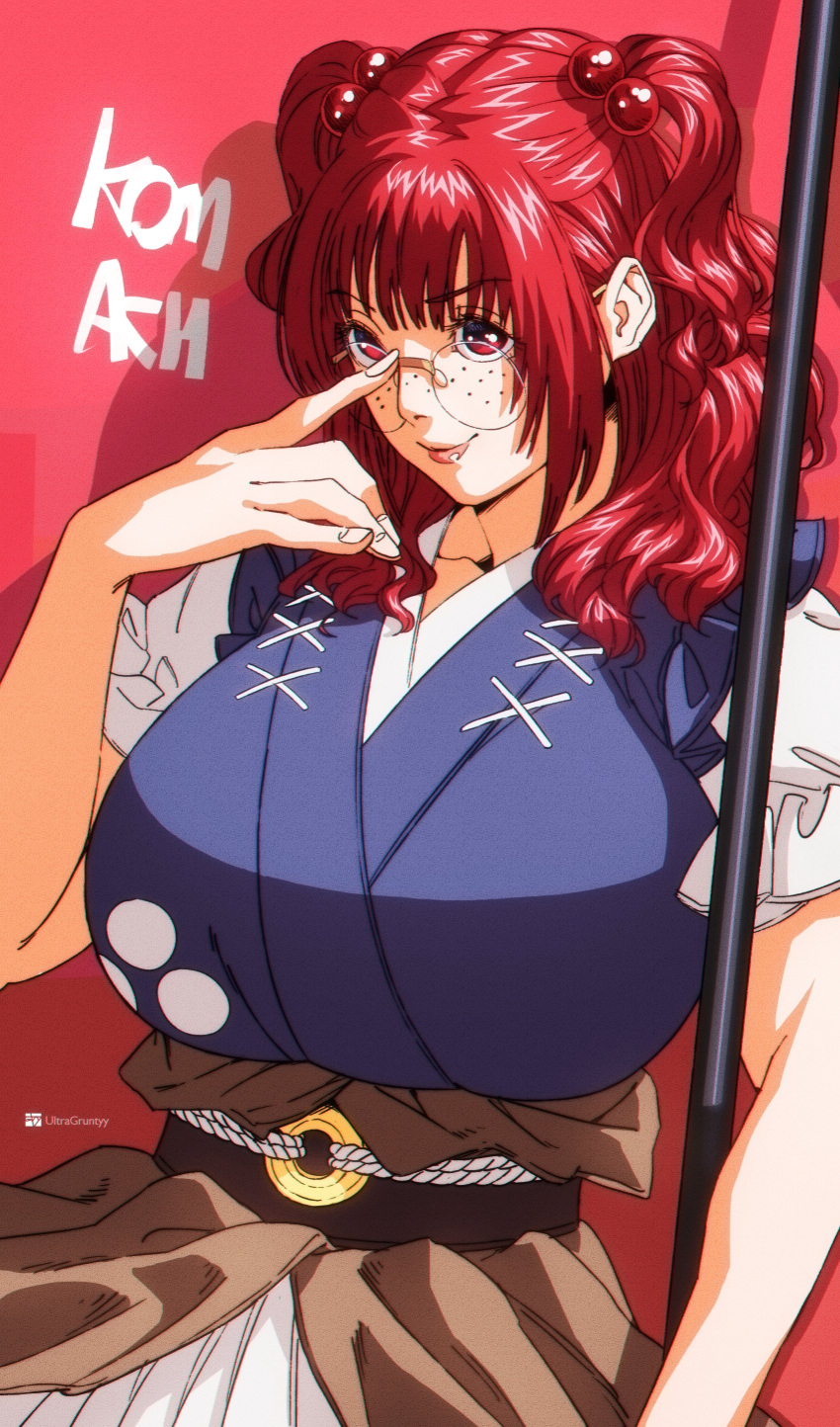 1girl, absurdres, breasts, coin, freckles, glasses, highres, holed_coin