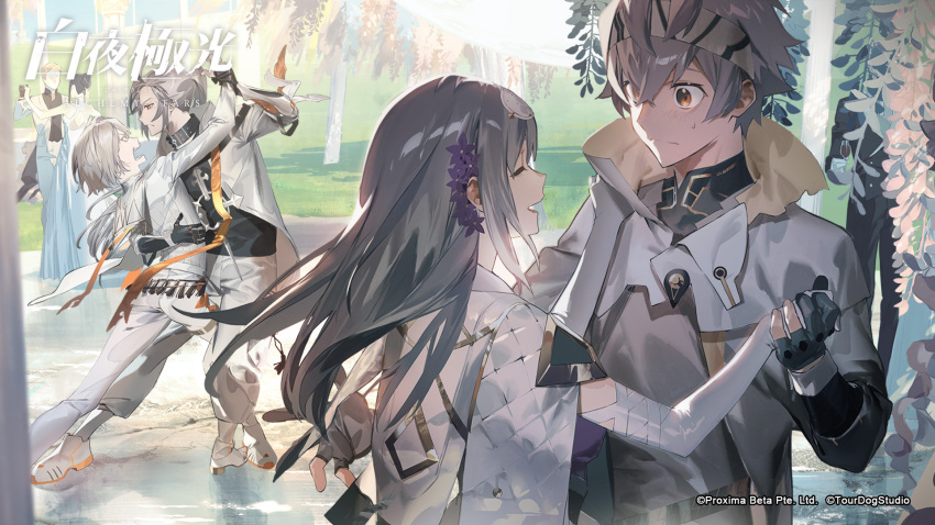 2girls, 4girls, alchemy_stars, black_gloves, black_shirt, blush, cape, closed_eyes