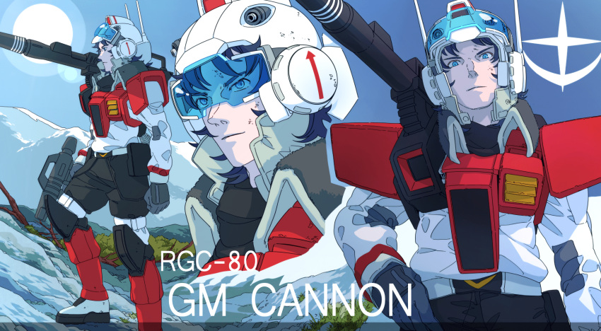 1boy, 8823, armor, assault_visor, black_hair, black_pants, blue_eyes, blue_sky