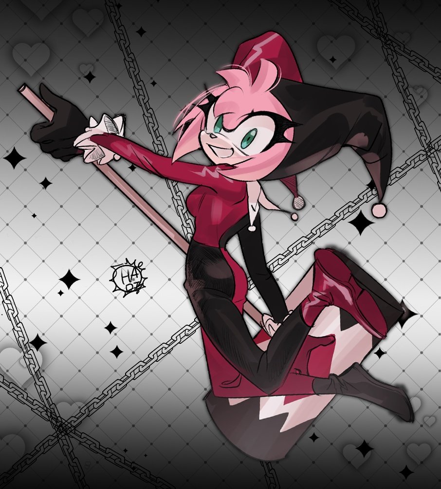 1girl, 3mia_hadi3, amy_rose, asymmetrical_legwear, black_gloves, bodysuit, breasts, chain