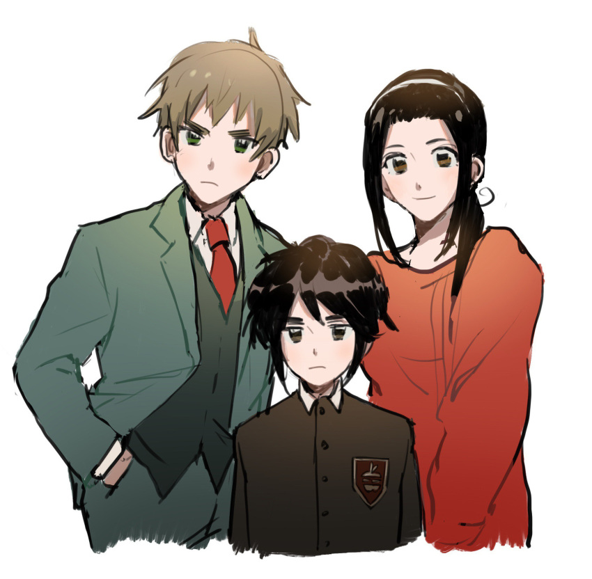 3boys, 8yaklock, aged_down, axis_powers_hetalia, black_hair, blonde_hair, china_(hetalia), cosplay, crossover, damian_desmond, damian_desmond_(cosplay), formal, highres, hong_kong_(hetalia), low_ponytail, multiple_boys, school_uniform, spy_x_family, suit, twilight_(spy_x_family), twilight_(spy_x_family)_(cosplay), united_kingdom_(hetalia), yor_briar, yor_briar_(cosplay)