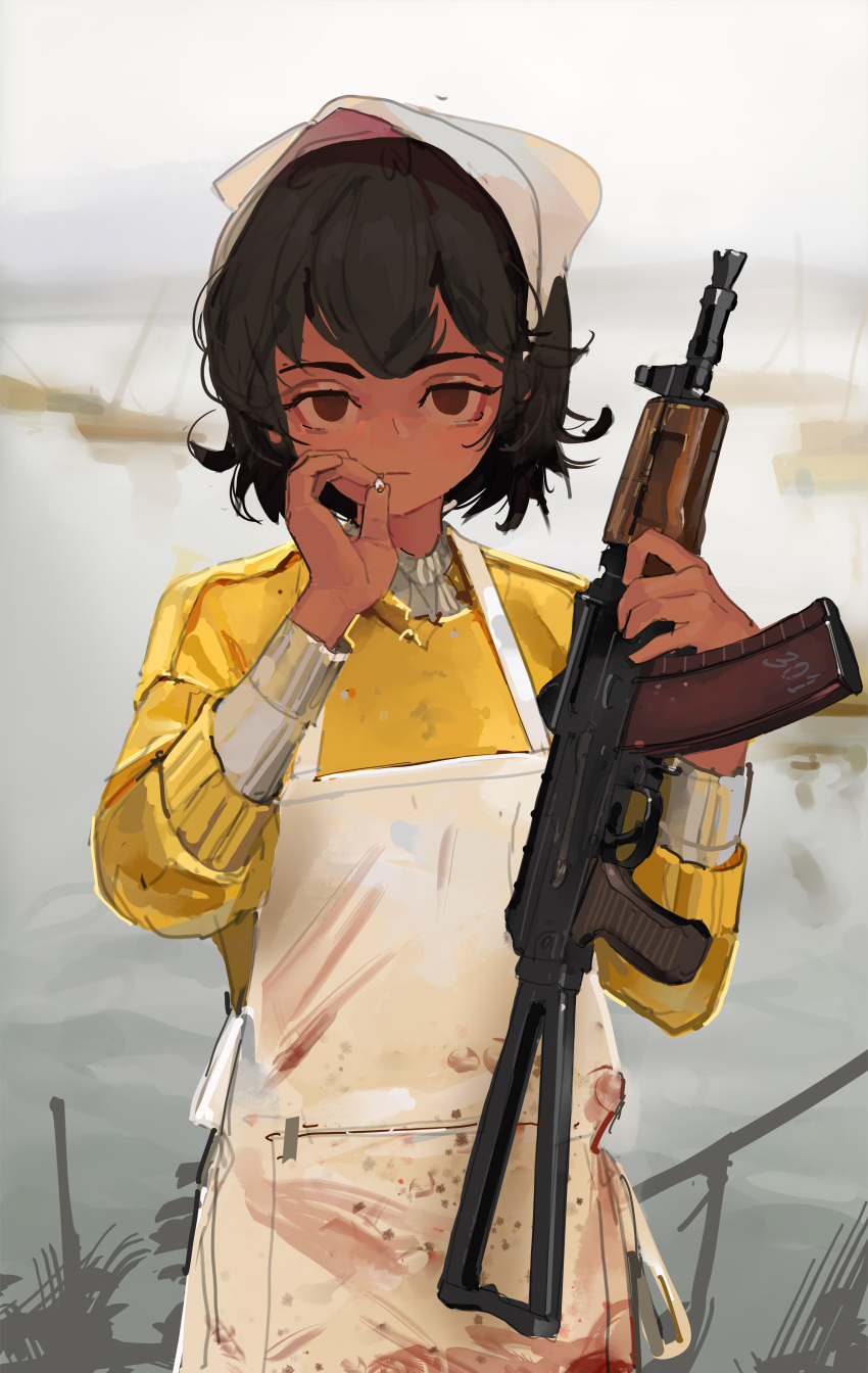 1girl, absurdres, apron, assault_rifle, black_hair, blood, blood_on_clothes, brown_eyes, cigarette, closed_mouth, dark-skinned_female, dark_skin, expressionless, gun, half-closed_eyes, hand_up, headdress, highres, holding, holding_cigarette, holding_gun, holding_weapon, looking_at_viewer, military, original, outdoors, polilla, rifle, short_hair, solo, standing, sweater, weapon, white_apron, yellow_sweater