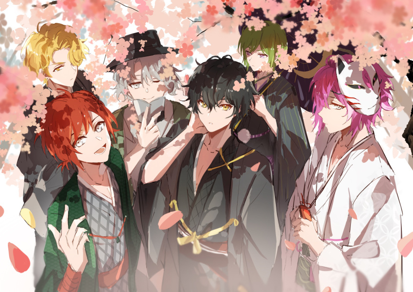 2you, 6+boys, a_(dear_vocalist), absurdres, bishounen, black_hair, blonde_hair, cherry_blossoms